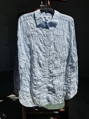 Soft Surroundings LP Crinkle Textured Button Front Shirt Blue Cotton Coastal